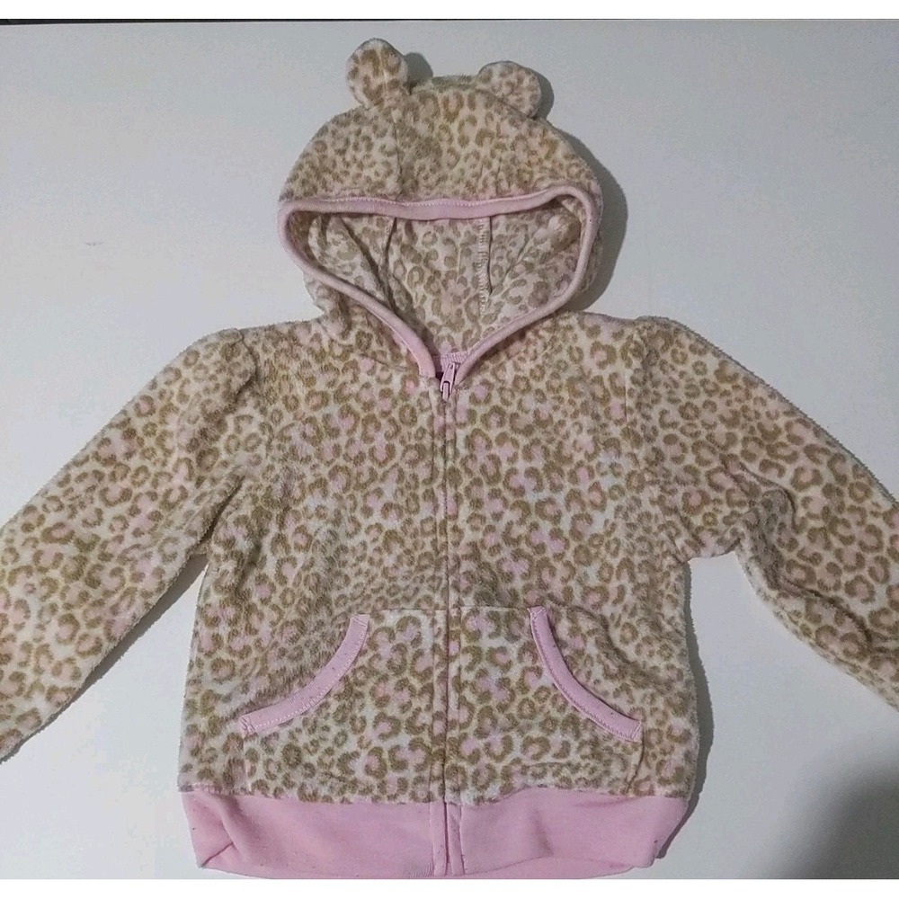 Baby Girl Zip Up Hooded Pink & Brown Animal Print Fleece Jacket. Size 18 Months